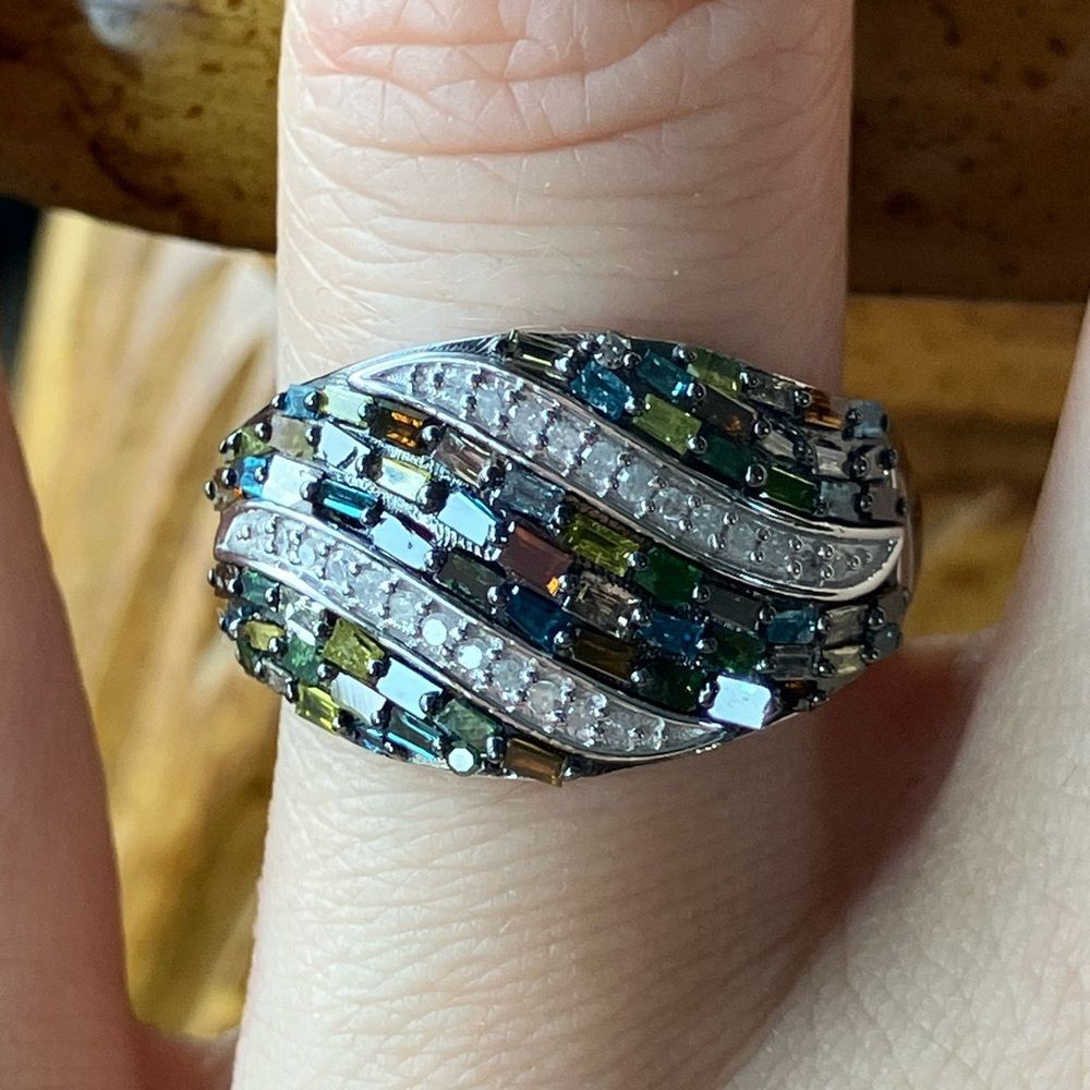Natural Multicolor Diamond Sterling Silver Ring Size 7